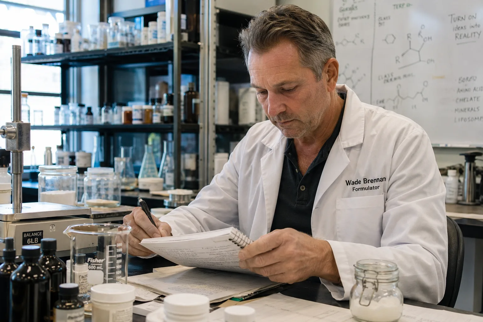 Wade Brennan working as a formulator in a pharmaceutical laboratory