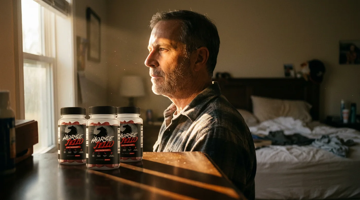 A man at his bedroom window at dawn, three months of Horse Jello on the dresser